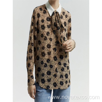 Lapel Tied Up Printed Long Sleeved Shirt